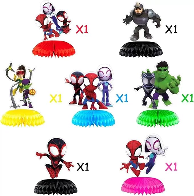 7Pcs Spidey and His Friends Honeycomb Table Centerpiece, Cartoon Birthday Party Supplies Table Decorations for Kids Party Decorations