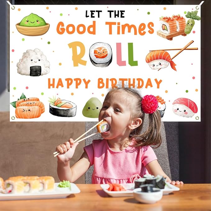 Lofaris Sushi Happy Birthday Banner for Kids – 70.8 x 43.3 Inch Kawaii Sushi Party Supplies, Japanese Themed Decorations for Kids’ Birthday Party, Asian Rice Roll & Sushi Go Party Décor