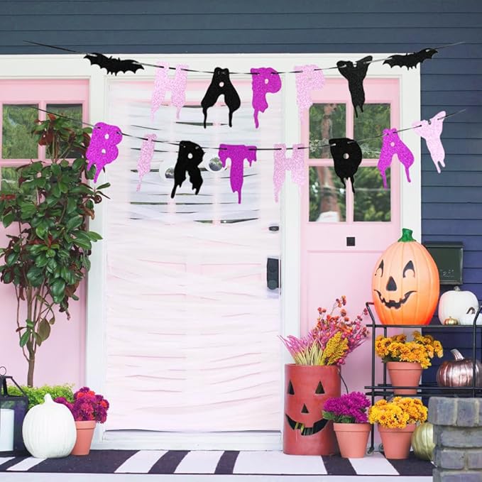 Halloween Happy Birthday Banner – Bday Party Decoration, Glitter Bloody Hanging Garland with Spooky Bats, Halloween Theme Party Supplies, Indoor & Outdoor