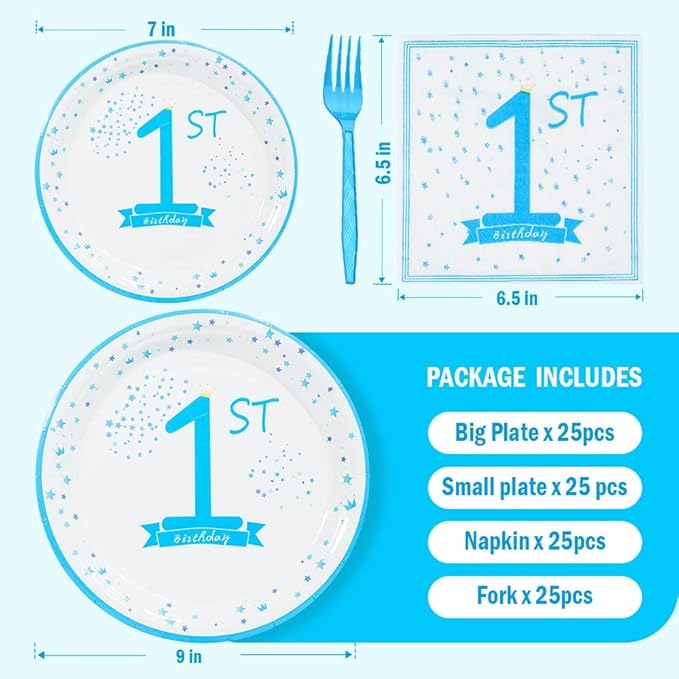 1st Birthday Decorations for Boys Blue First Birthday Party Tableware Set Baby boy Party Dessert Plates Napkins for 25 Guests
