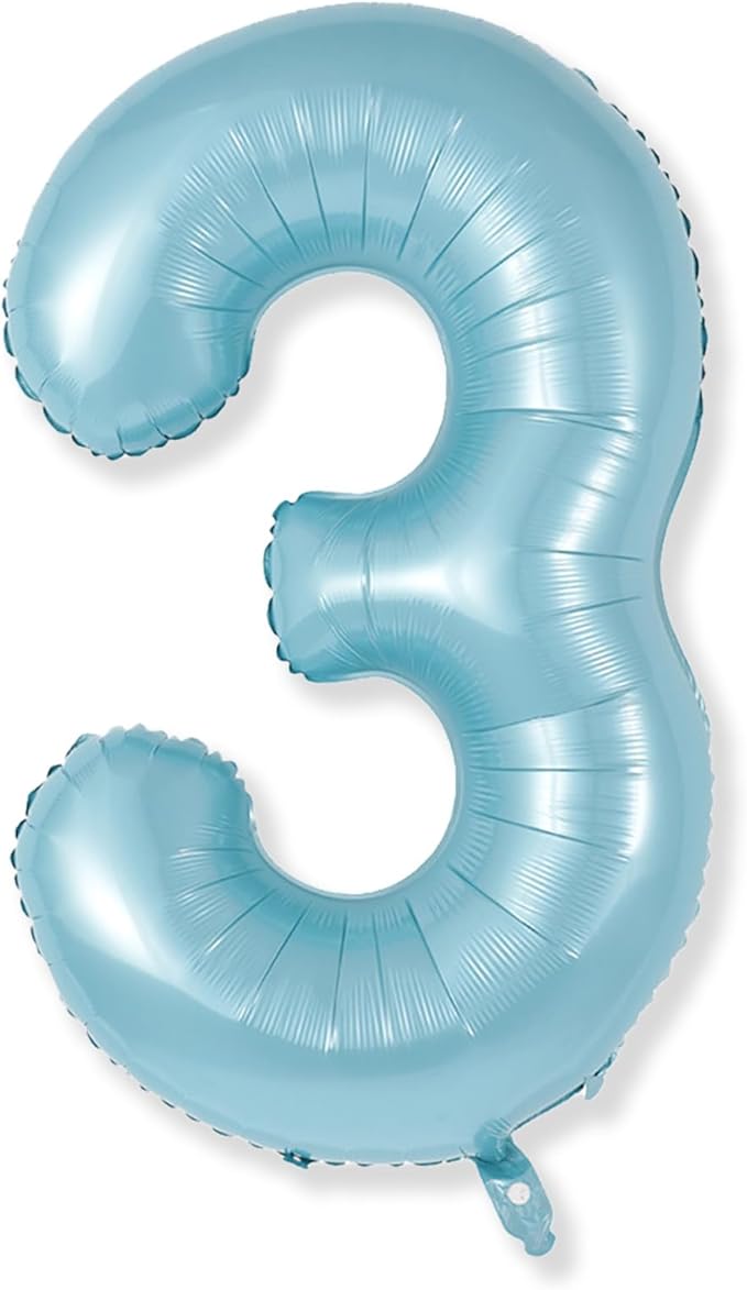3rd Birthday Number Balloons for Kids, 40 Inch Foil Number 3 Balloons, Pastel Blue Large Self Inflating Number Balloons for Boys Men 30th Birthday Party Anniversary Party Decoration Supplies