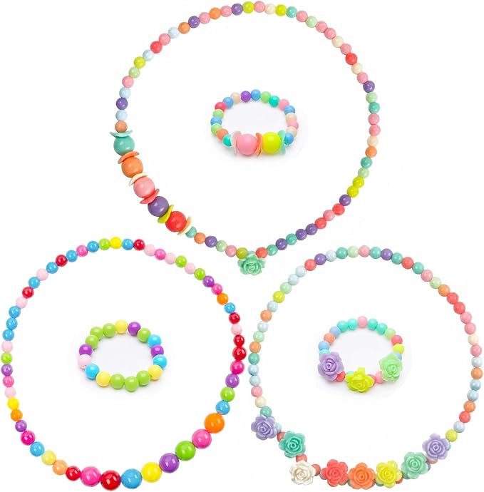 BigOtters 3 Sets Toddler Necklace Bracelet, Kids Jewelry for Girls Friendship Bracelets Costume Dress up Jewelry Princess Cosplay Accessories Little Girl Party Favors Classroom Exchanging Gifts
