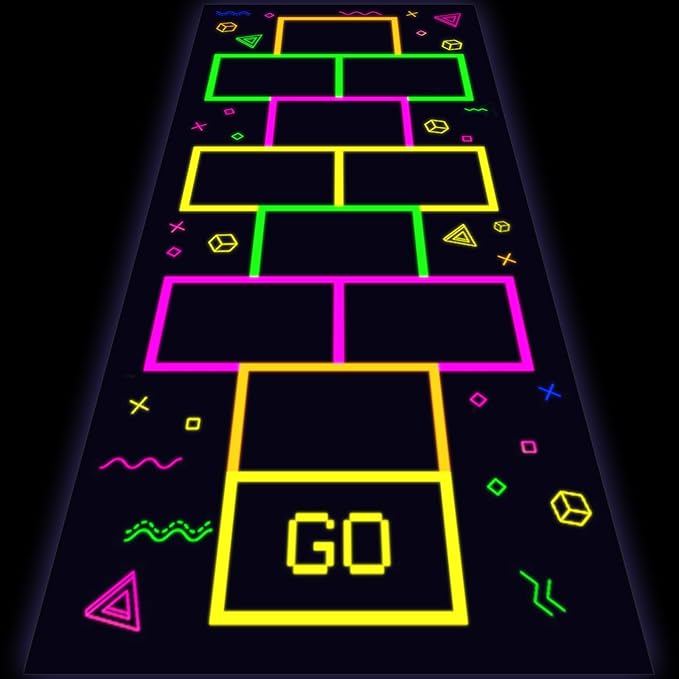 Haull 138 x 59 Inch Glow in The Dark Party Supplies Neon Party Decorations Light up Dance Floor Blacklight Rug UV Reactive Fluorescent for Carnival Birthday Wedding Favors(Hopscotch)