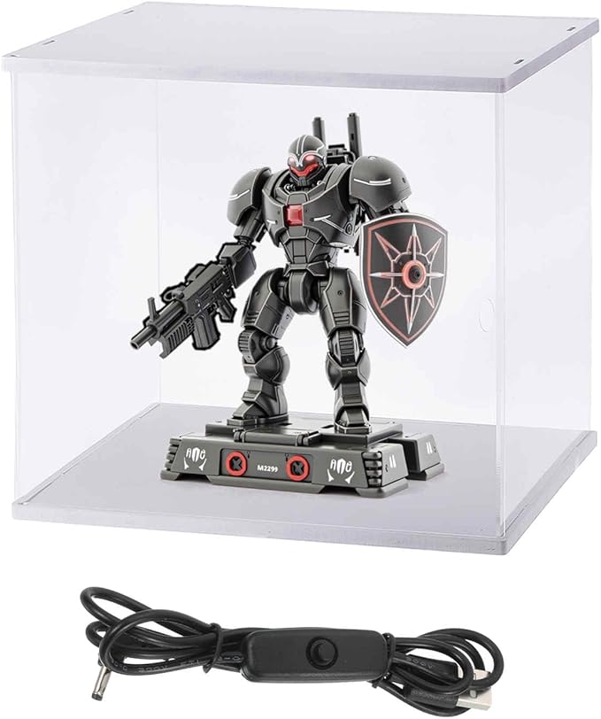 MECCANIXITY Clear Display Case, Acrylic Figure Display Case Clear Display Boxes for Collectibles, Figures Model Toys Home Storage(with Square LED Light, 8x6x7 Inch White Base)
