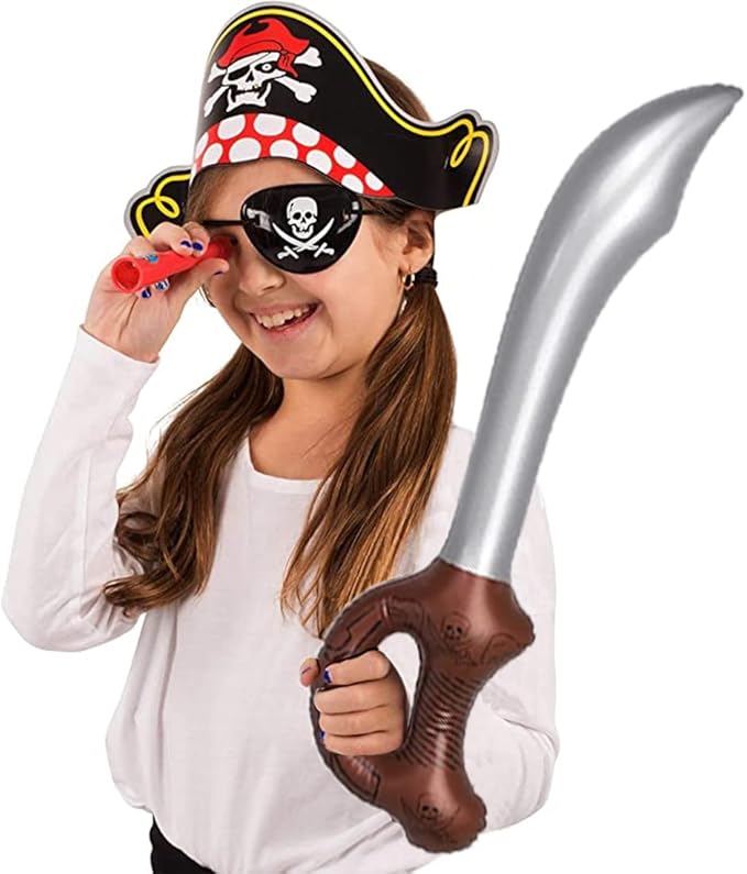 Funny Pirate Party Hats 48 PC Set – Pirate BirthdayParty Favors for Kids - 12 Pirate Hats, 12 Patches, 12 Swords, 12 Telescopes