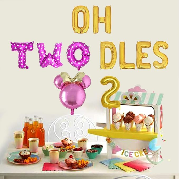 Pink Oh Twodles Balloon Birthday Banner Party Supplies Number 2 Balloon for 2nd Second Girl Birthday Party Decoration 13PCS Kit of Geloar (Pink)