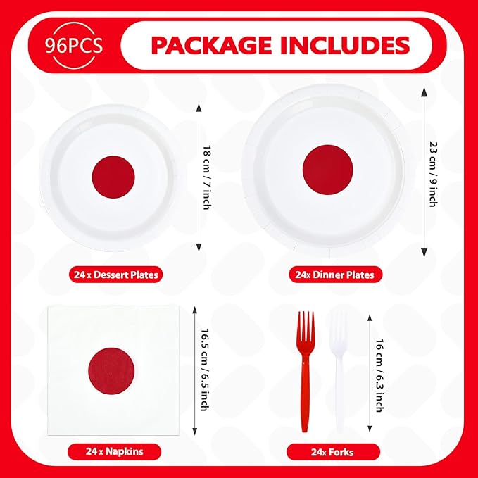 96Pcs Japan Flag Party Decorations Hibachi Asian Japanese Style Plates and Napkins Hinomaru Flag Tableware Set for Japan Themed Party Supplies，Serves 24