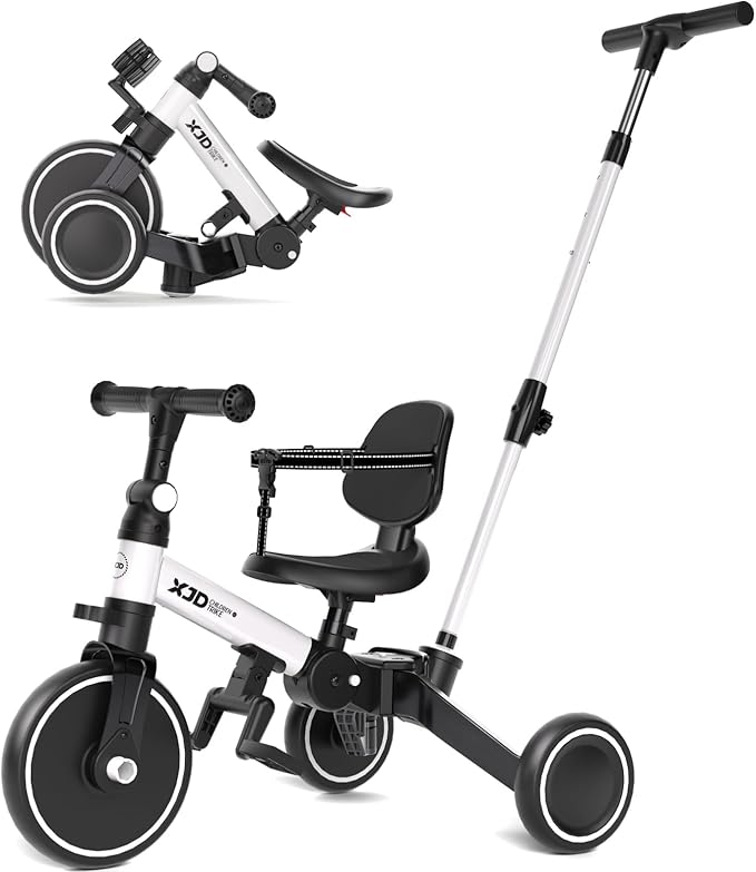 XJD Toddler Bike, 6 in 1 Folding Toddler Tricycle for 1-4 Year Old with Parental Control Handle, Balance Bike with Removable Pedal, Backrest, Adjustable Seat Height, First Birthday Gifts (White)
