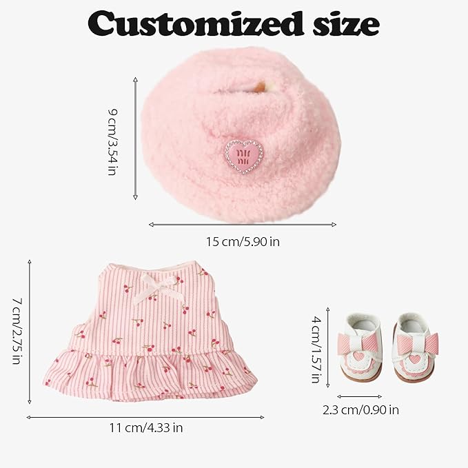Clothes Compatible with LABUBU Doll – 3PCS Pastoral Style Set, 17cm Doll Clothes Designer Outfit for Sweet Camping Theme, Chic Stylish Accessories for Labubu, No Doll (Cherry Picnic Dress) ﻿