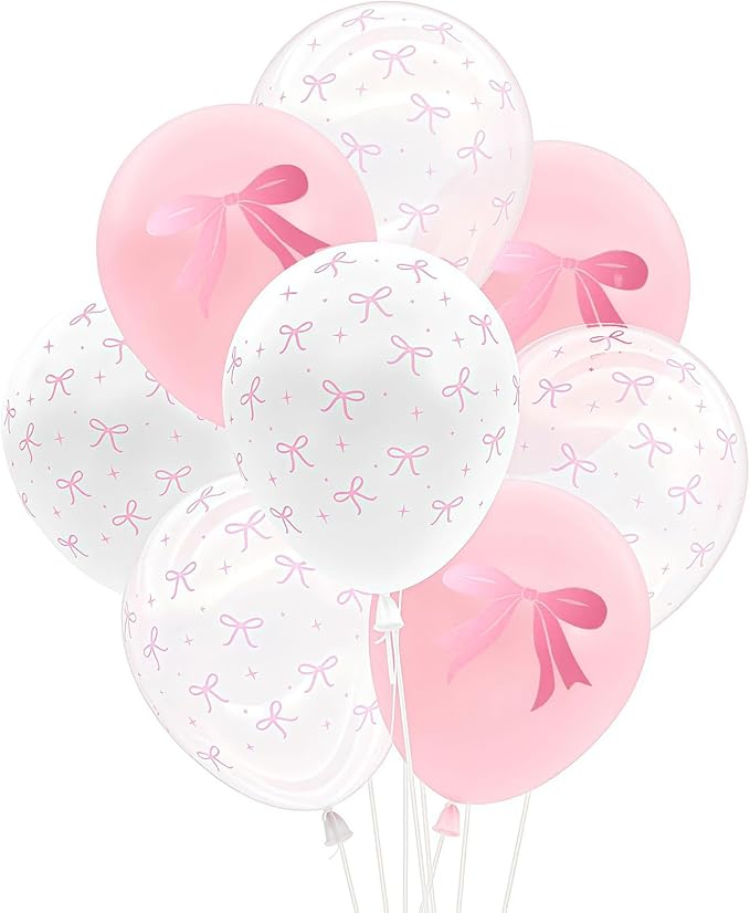 Pink Bow Balloons, 35PCS Light Pastel Pink Clear White Bow Latex Balloon for Girls Women Wedding Bridal Baby Shower Bachelorette Engagement Princess Coquette Birthday Theme Party Decorations Supplies
