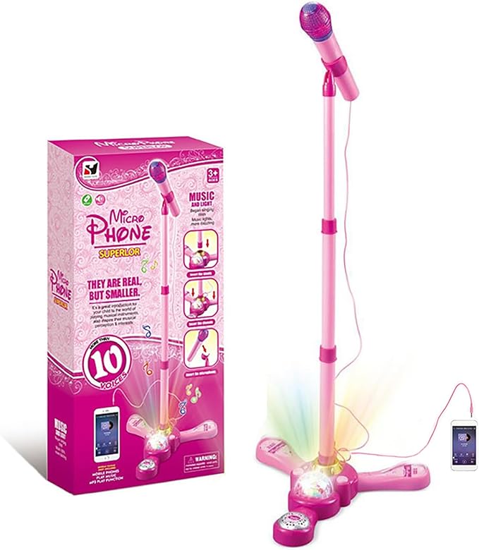 Kids Karaoke Machine with Adjustable Stand,Kids Microphone Music Sing Along with Flashing Stage Light and Pedals Gift for Kids (Pink)