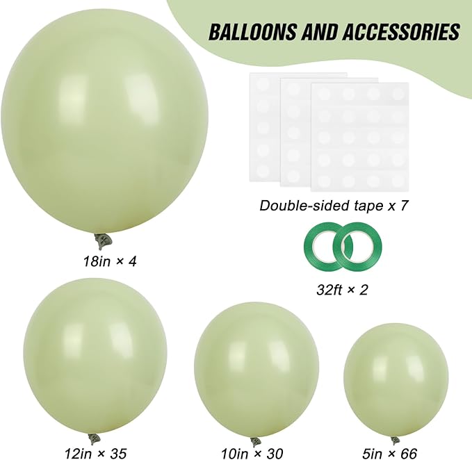 RUBFAC Dusty Green Balloons 129pcs Different Sizes Pack of 18 12 10 5 Inch, Latex Boho Sage Green Balloon Garland Arch Kit for Wedding Dinosaur Jungle Safari Birthday Party Decorations