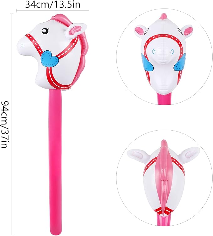 12PCS Inflatable Stick Horse,Blow Up Horse Head on Stick Pony Costume Western Cowboy Cowgirl Baby Shower Birthday Party Decorations Halloween Supplies Favors Props, 38 Inches (Pink)