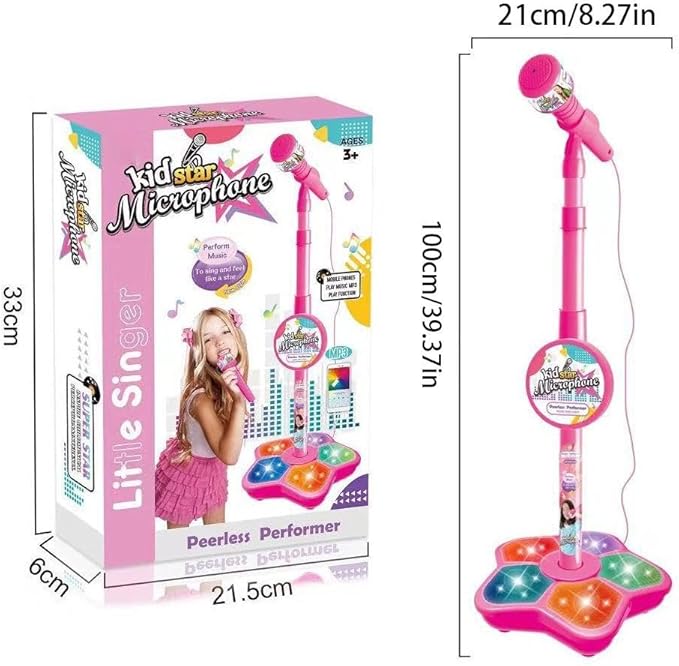 Kids Microphone and Stand,Adjustable K-ids Karaoke Machines with Flashing Stage Lights,Karaoke Microphone with Music Function & Flashing Stage Lights,Stand Up MicrophoneStand for Xms Birthday Gift