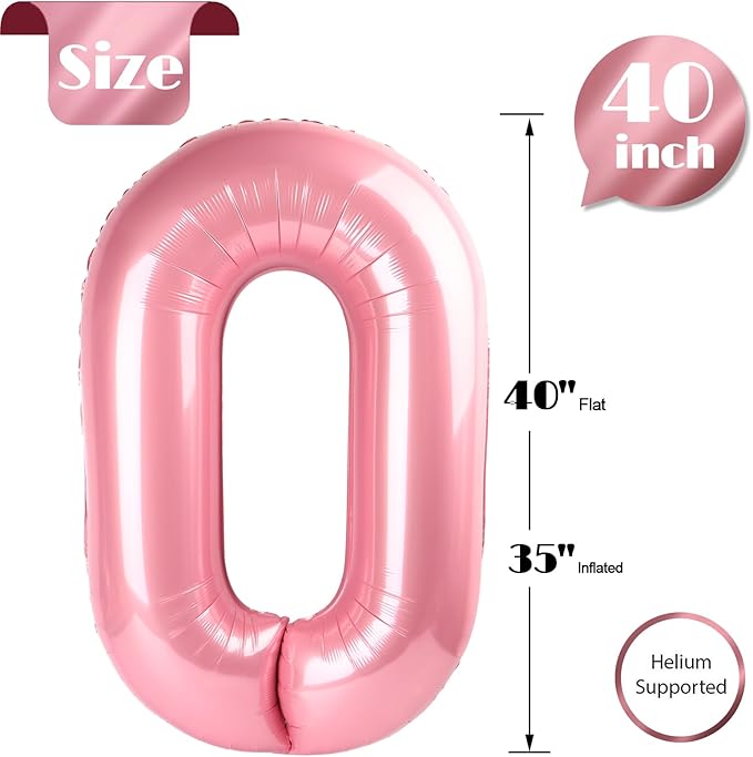 Pearlescent Pink Number 0 Balloon 40 Inch, 0 Balloon Number for 10th 20th 30th 40th 50th 60th Birthday Decorations, Pearlescent Pink Party Supplies