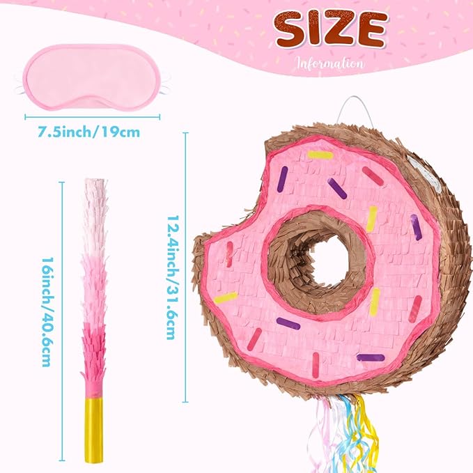 WERNNSAI Donut Piñata - Pink Donut Piñata with String Birthday Party Decorations Piñata with Stick Blindfold for Girls Kids Dount Pull String Piñata Family Games Birthday Party Supplies