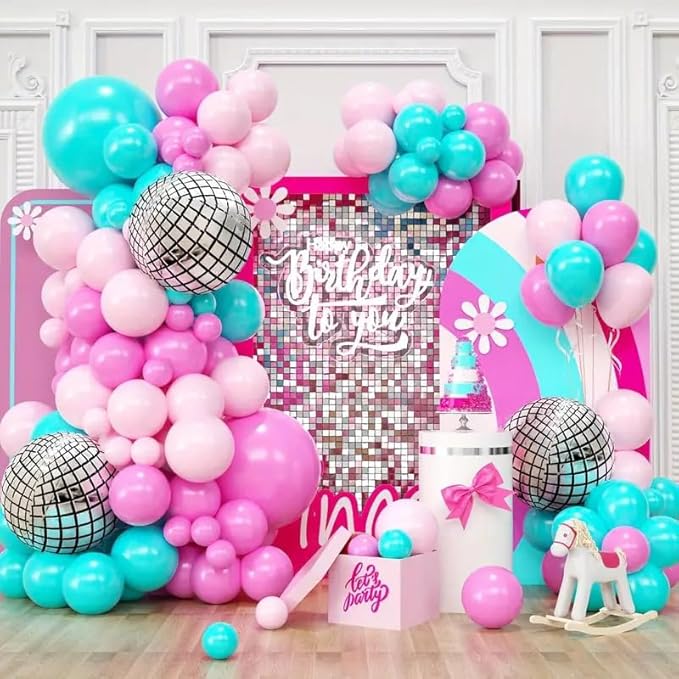 FBQ 110 Pcs Disco Balloons Garland Arch Kit Latex Balloon Birthday Party Graduation Party Decoration Supplies(baby blue pink)