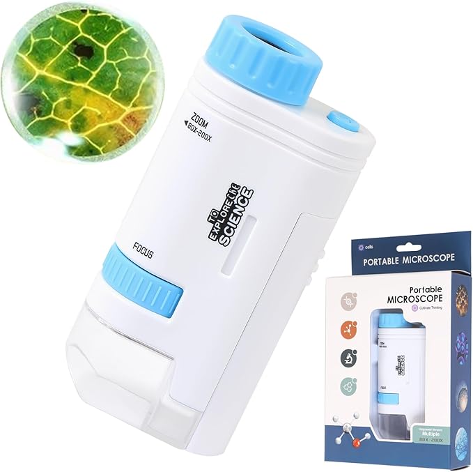 Microscope Pocket Handheld Miniscope 80X-200X Portable Microscope with LED Light for Learning Education Exploring (Blue)