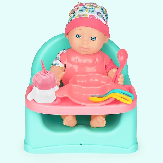 deAO Baby Doll Play Set, 25 PCS Baby Dolls Accessories with Doll High Chair Seat High Crib Toy Toilet and Bathtub Pretend Play Toys Gift for Ages 3 4 5 6 7 8 9 Girls Kids