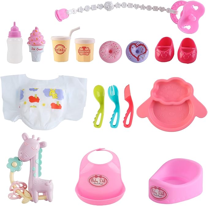 deAO Black Baby Doll Set - Mobile, High Chair, Stroller & Feeding Accessories - 21 Piece Play Set (Doll Included)