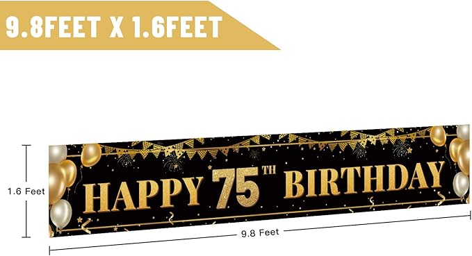 Large Happy 75th Birthday Decoration Banner, Black and Gold Happy 75th Birthday Banner Sign, 75th Birthday Party Decorations Supplies(9.8x1.6ft)