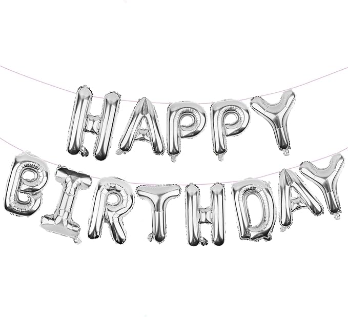 Silver Happy Birthday Balloons Banner (3D Silver Lettering) Mylar Foil Letters | Inflatable Party Decor and Event Decorations for Kids and Adults | Reusable, Ecofriendly Fun