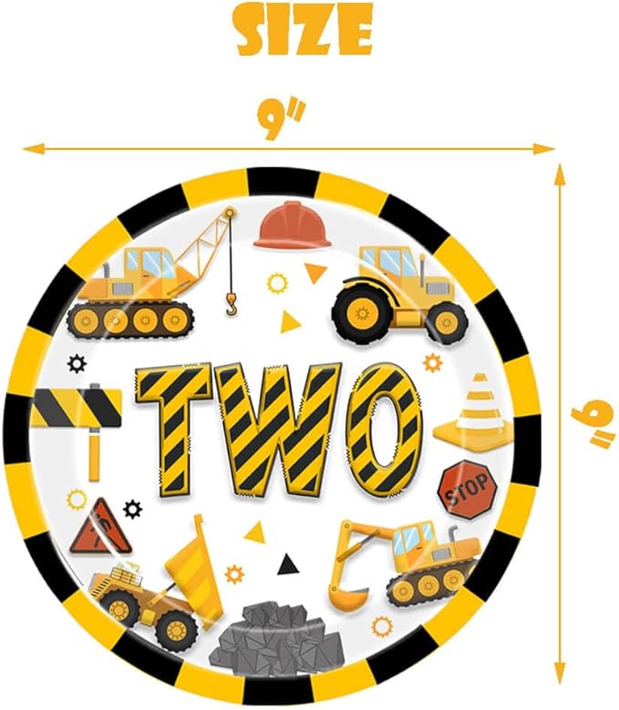 51 Pcs Construction 2nd Birthday Party Supplies Dump Truck Two Years Old Tablecloth Paper Plates Napkins Forks Dinnerware for Construction 2nd Birthday Party Supplies Decorations