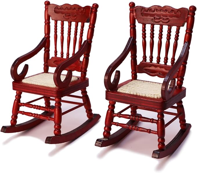 Dollhouse Chairs 2PCS Miniature Rocking Chair 1:12 Scale Wooden FurnitureAccessories Tiny Mini House Home Outdoor Decoration ModelLiving Room Scene Christmas Craft Displays (Red)