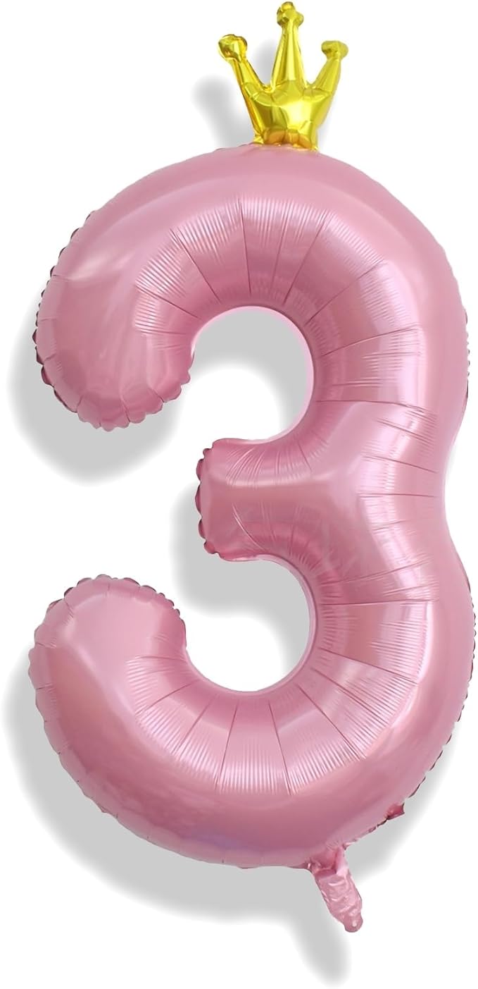 3rd Birthday Number Balloons for Girls, 40 Inch Light Pink Foil Number Balloons, Large Crown Pastel Pink Number Balloons 0-9 Set for Women 30th Birthday Party Decor Anniversary Decoration Supplies