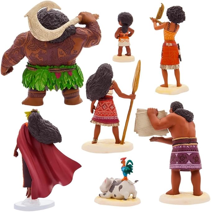 Disney Store Official Moana 2 Figure Set – 7 Fully Sculpted Disney Figures Including Moana, Simea, Maui, Pua with Heihei, Matangi, Loto & Moni with Scenic Backgrounds