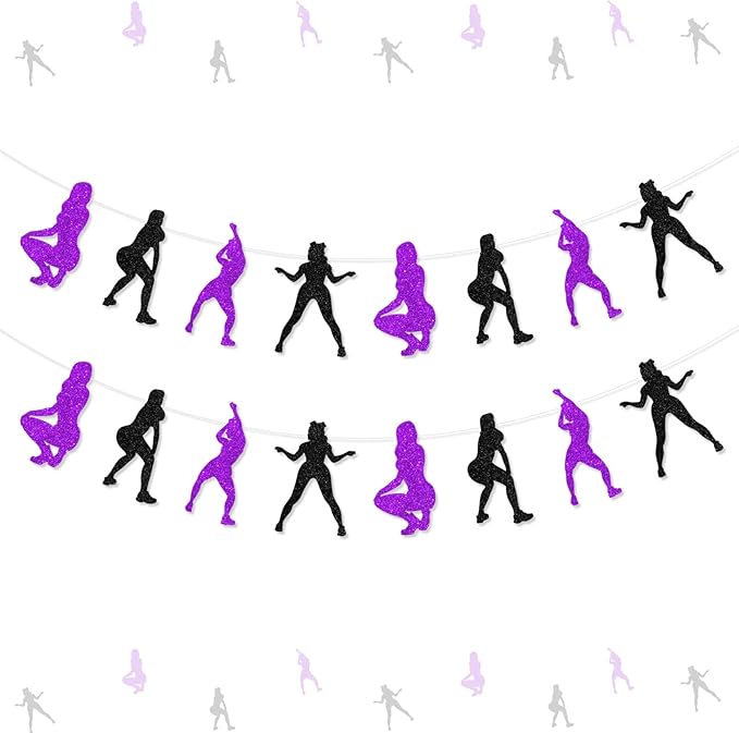 Cheereveal 2 Pack Twerk Garlands Purple and Black for Girls Woman, Pole Dance Glitter Banner Decorations, Funny Stripper Theme Bachelorette Birthday Bridal Shower Engagement Party Supplies