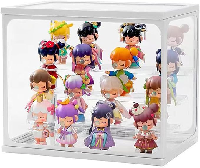 Large Glass Display Case for Figures with Light 3 Tier Clear Display Stand for Collectibles Stackable Assemble Display Box for Action Figures Toys Dustproof Clear Storage Box Showcase for Pop Mart
