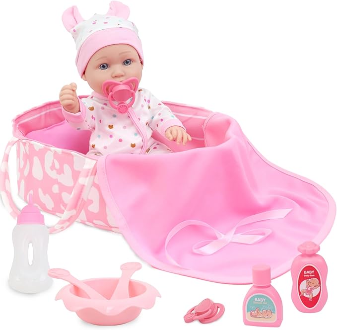 ZITA ELEMENT 12″ Baby Doll Sleeping Basket Set in Gift Box - 13 Piece Soft Baby Doll with Accessories, for Girls Ages 3+