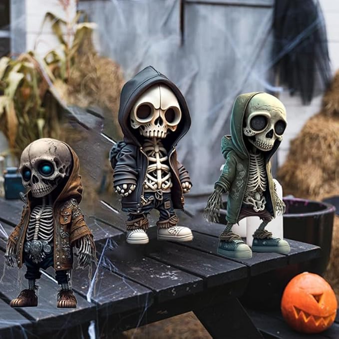 4pcs Mini Skeleton Figurines Small Skulls Action Figure Halloween Resin Gnome Statue Cute Cool Home Desk Office Decor
