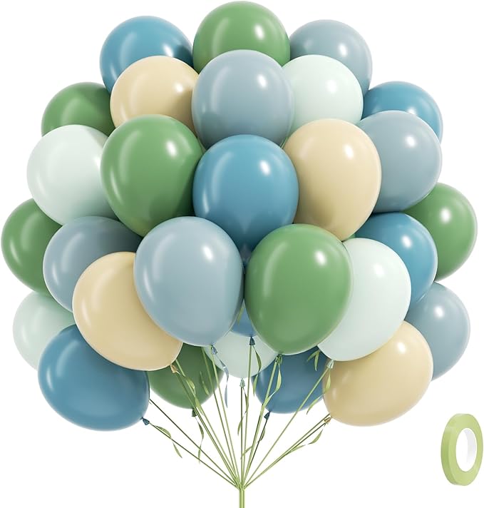 60pcs Blue and Green Balloons - Sage, Dusty Blue, Pastel Green, Nude for Bridal, Woodland, Birthday, Baby Shower Decorations