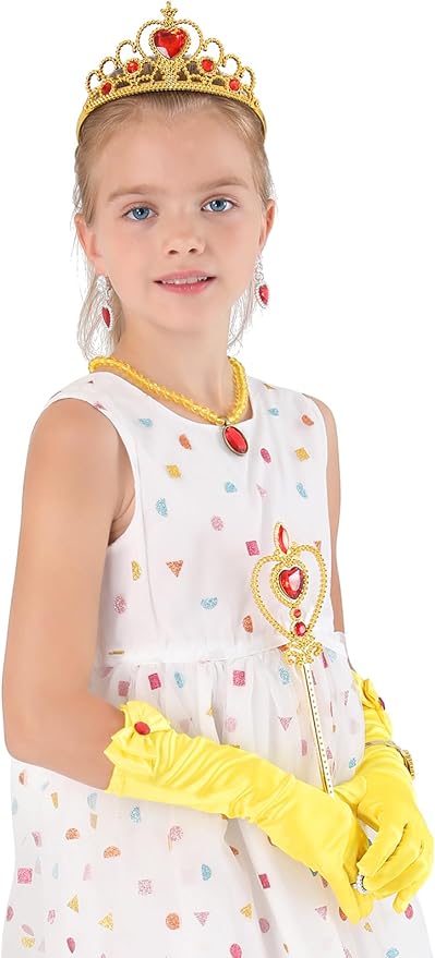 Princess Dress Up Party Accessories for Princess Costume Gloves Tiara Wand Necklace Earrings Bracelet and Ring Gift Set 9pcs (Yellow, Set of 7, 9pcs)
