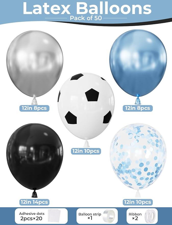 Soccer Balloons, 50PCS 12 Inch Black Blue & Metallic Silver Balloons Glitter Confetti Balloons, Soccer Birthday Party Decorations for Boys Men Sports Theme Party