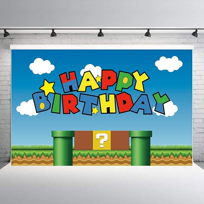 Super Bros Happy Birthday Party Backdrop, Baby Shower Cake Table Decoration Supplies, Super Bros Themed Banner (5X3FT)