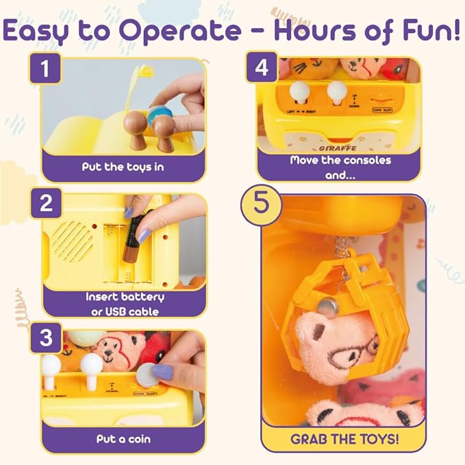 Claw Machine for Kids - Mini Arcade Game - Vending Machine - Candy Grabber Toys - Silent Mode, Lights, USB - Plush Toys & Easter Eggs, Surprise Stickers - Fun Gift for Kids, Boys & Girls (Giraffe)