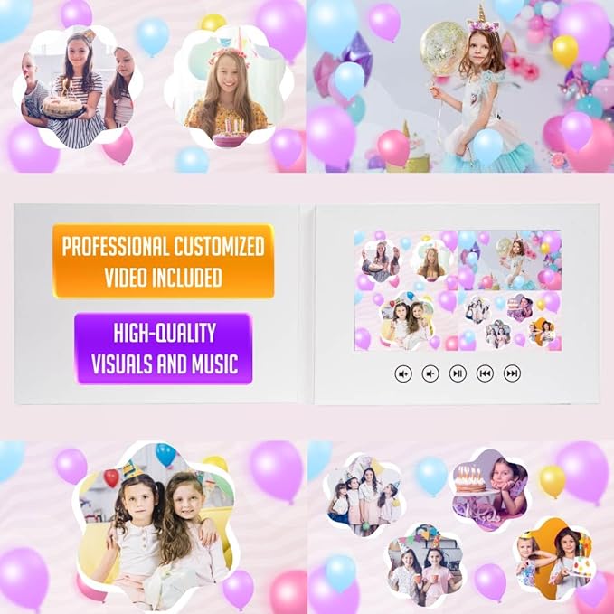 Digital Video Card for Girls Birthday – Personalized with Your Photos – Slideshow Greeting Gift – 7” Screen, 256MB Storage, Rechargeable Battery