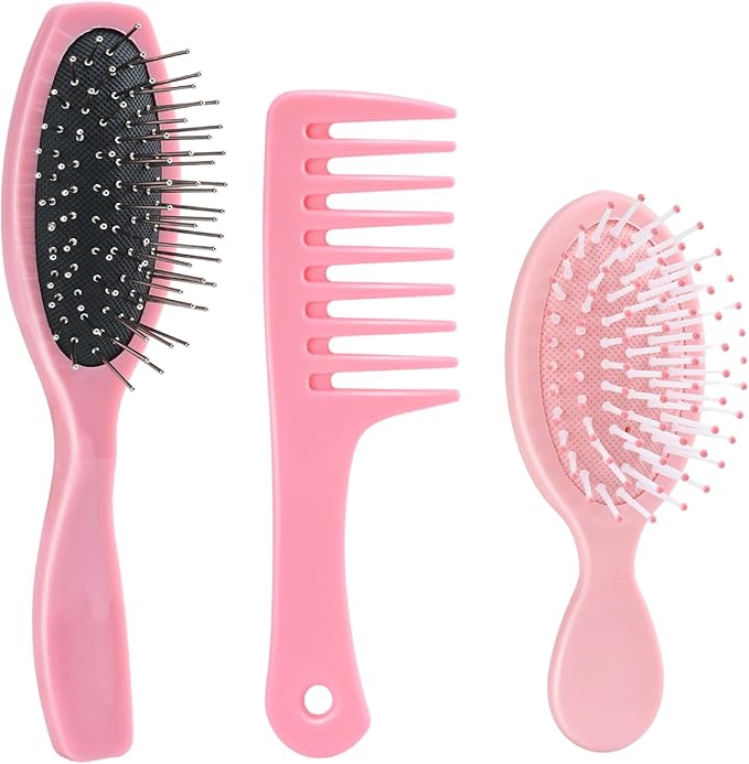 3 Pieces Doll Wig Brush Set with Wide-Tooth Comb, Steel Needle Brush and Nylon Brush, Styling Accessories for 18 Inch Dolls (Light Pink)