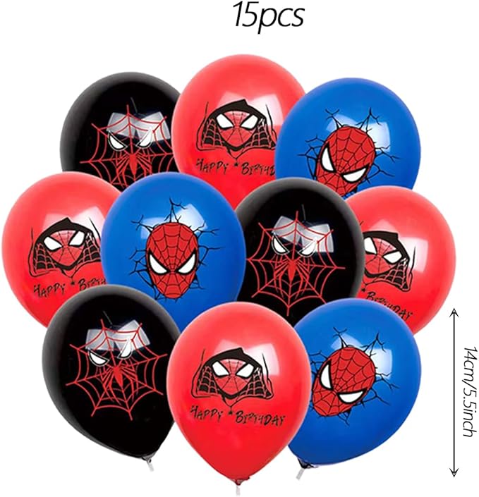 Cartoon spidey - themed birthday party supplies: "Happy Birthday" banner, 12inch latex balloons , 2 types of aluminium balloons hanging swirls,assemble the aluminum balloon