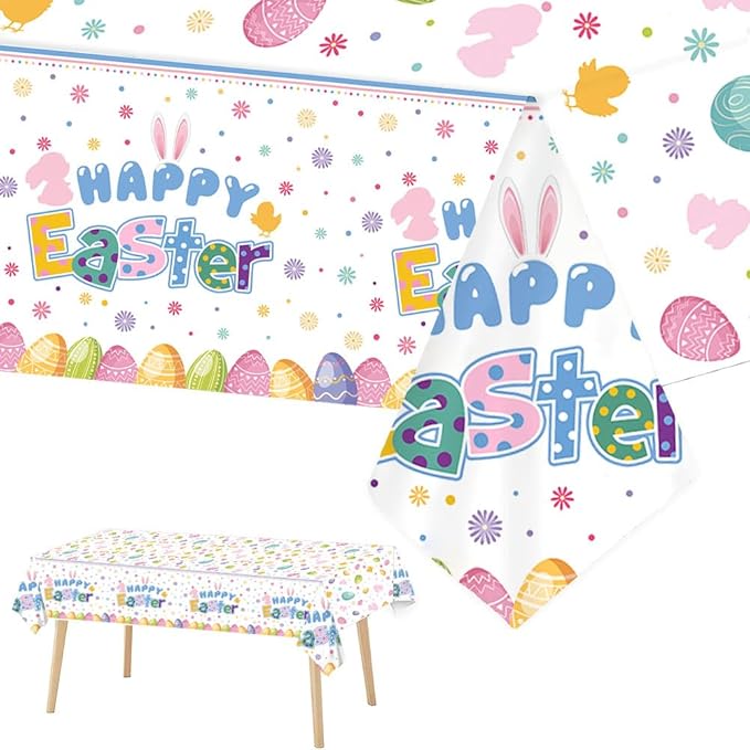 3 Pcs Easter Bunny Tablecloth Decorations Happy Easter Decorations Colorful Rabbit Eggs Spring Plastic Tablecloth Family Table Cover 108 x 54 Inch