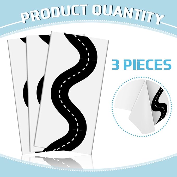 Irenare 3 Pcs Racing Table Cloths Car Birthday Party Supplies 54 x 108 Inch Racetrack Table Runner Covers Disposable Rectangular Road Tablecloth for Kids Boy Car Theme Birthday Party Decor (White)