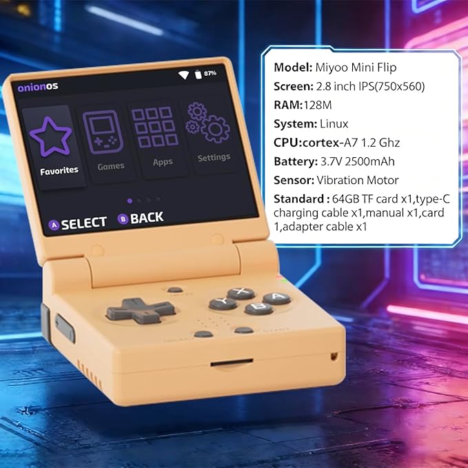 Miyoo Mini Flip Handheld Game Console 2.8-inch 750*560 IPS Screen 2500mAh Miyoo-mini Flip Clamshell Retro Games Consoles OnionOS-64GB Yellow