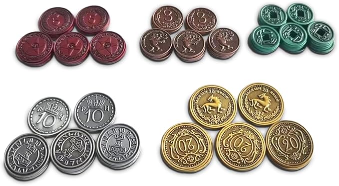 Stonemaier Games: Metal Coins (Scythe and Expeditions) | Metal Coins to Enhance Your Gameplay | 80 Coins with Unique Colors and Sides for Each Denomination - Values Include 1, 3, 5,10, and 20