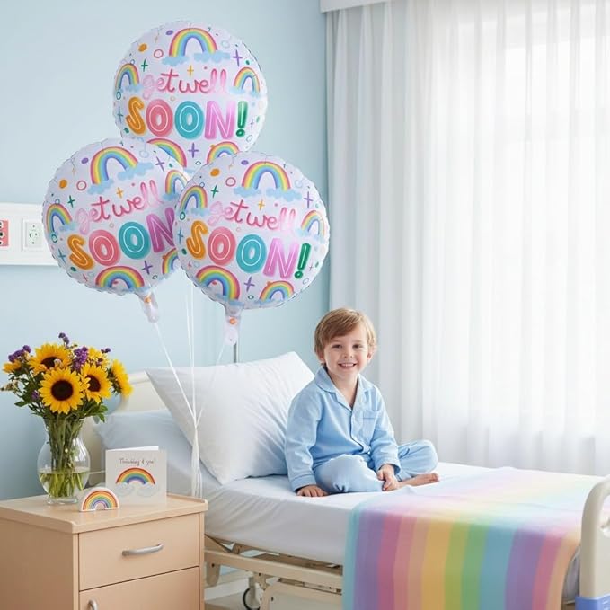18 Inch Get Well Soon Foil Balloons Set, 4pcs Mylar Round Rainbow Balloon with GET WELL SOON Letter Print Helium Balloons for Kids Adults Hospital Recovery Cheer Up Thinking of You Party Decorations