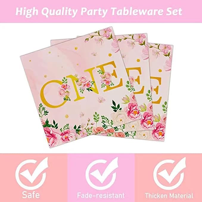 96PCS 1st Birthday Party Supplies Tableware Kit for 24 Guests pink Birthday Party Decorations Theme Party Table Supplies Pack Includes Plates ,Napkins, plastic forks
