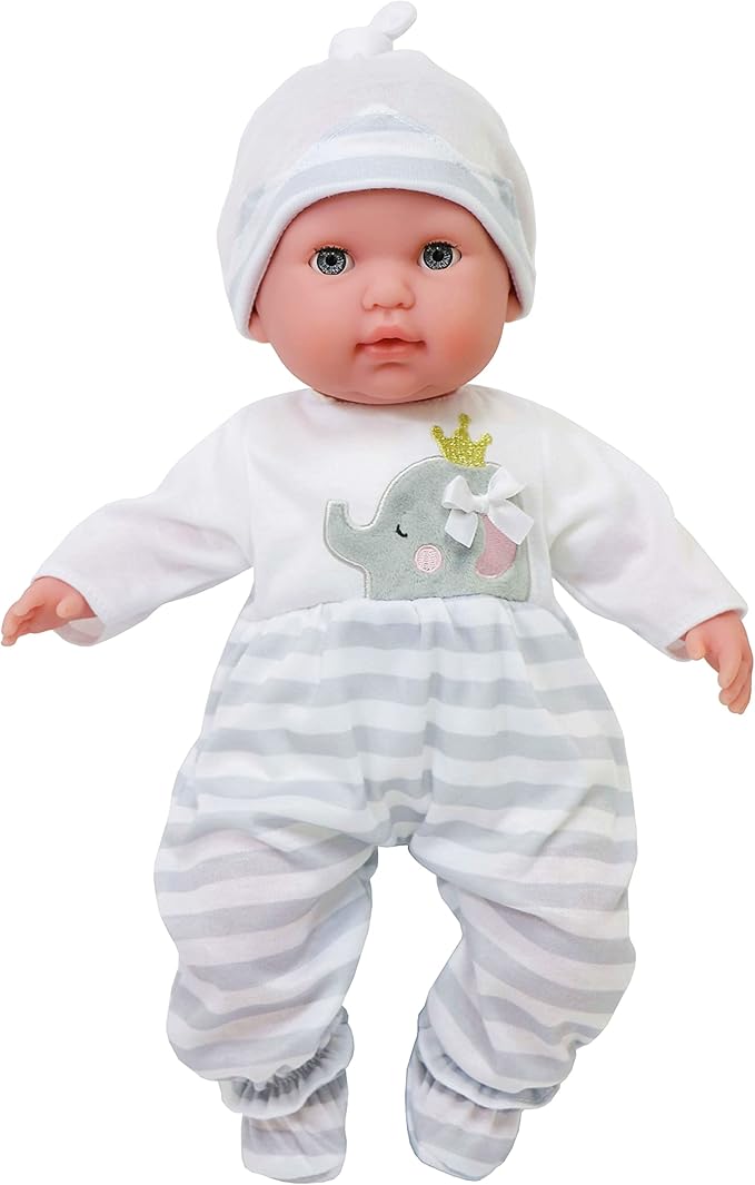 JC Toys | Berenguer Boutique | Baby Doll Outfit | Gray Striped Long Onesie with Headband, and Booties | Ages 2+ | Fits Dolls 14"- 16"