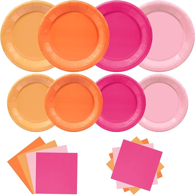 Pink and Orange Party Decorations,180pcs Sunset Tropical Pink Orange Plates and Napkins Tableware Sets for Birthday,Baby Shower, Bachelorette Party,Serves 60